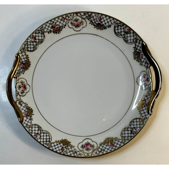 VTG Nippon Hand Painted Handled Cake Plate w/Pink Roses & Gold Accent Trim - Picture 1 of 5